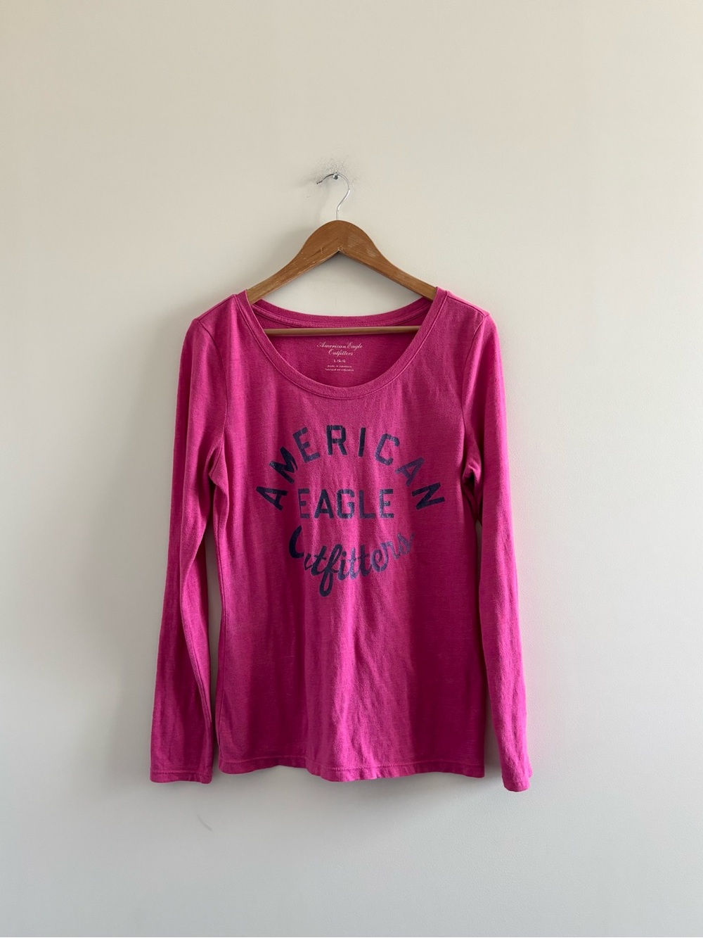 Y2K VTG American Eagle T-Shirt Pink Logo Spellout Long Sleeve Womens L Preppy